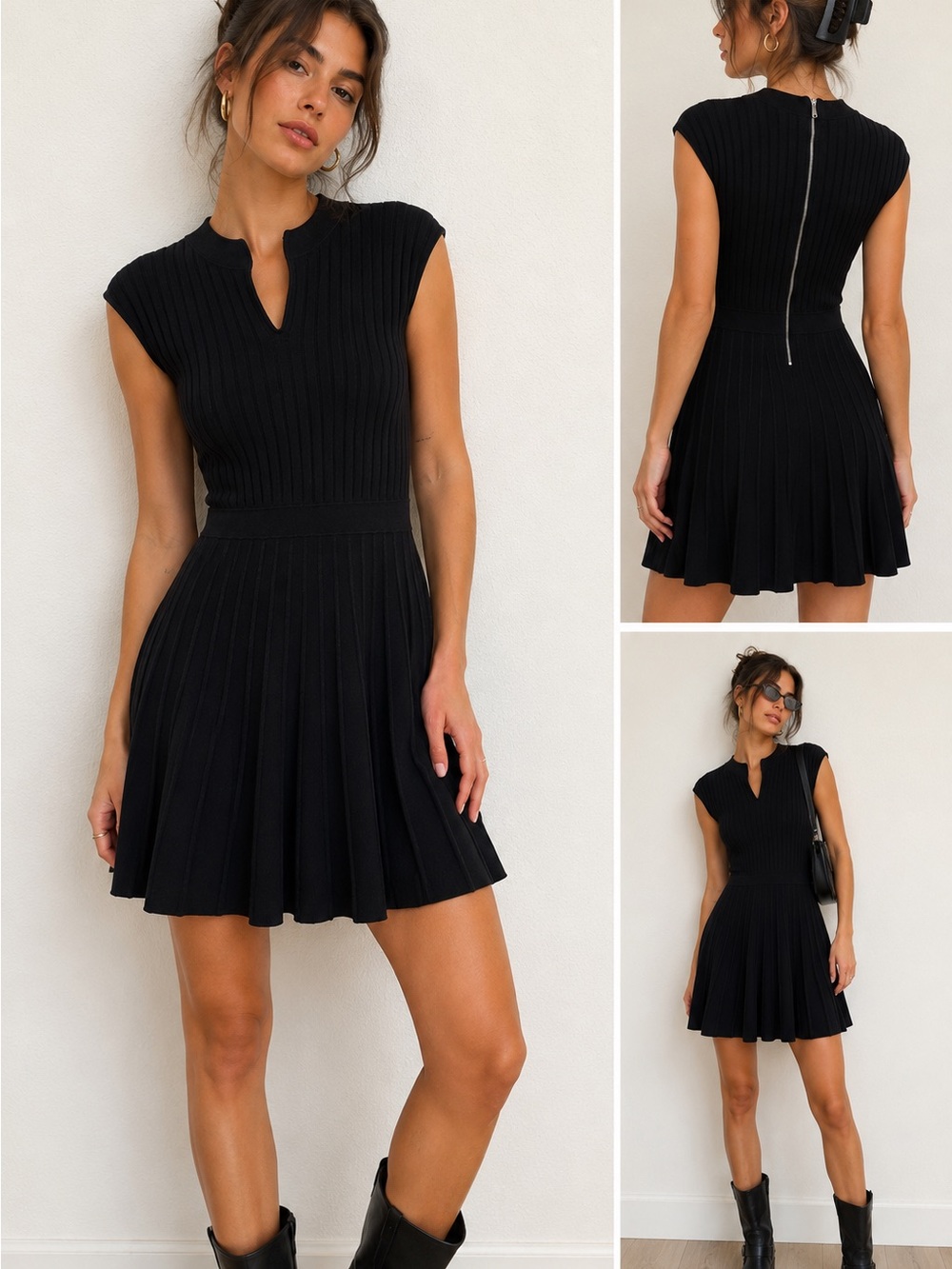 Ted Baker Black Ribbed Cap-Sleeve Pleated Mini Dress